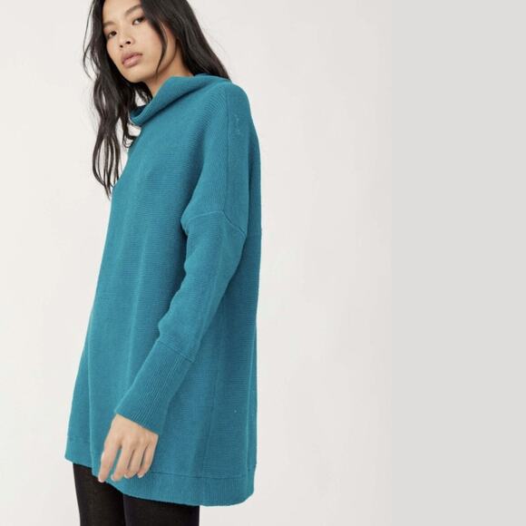 Free People Ottoman Dark Teal Structured Ribbed Slouchy Mock Neck Tunic Sweater - Picture 2 of 8